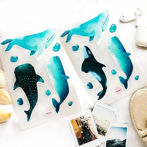 Iron-On Transfers Whales Sea Creatures Set for Textiles, 2 Sheets DIN A5 with Ironing Fleece, for Iron-On on T-Shirts, Jeans, Hoodies, Large Small Patches for Family Children, Iron-On Patches Animals