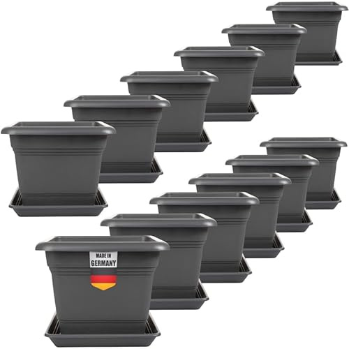 2friends Tomatentopf mit Untersetzer 28x28 cm â€“ 12er Set Anthrazit Pflanzkübel Eckig Blumentopf für Tomaten und Blumen Stabil Kübel mit Ablaufsystem für Balkon & Garten
