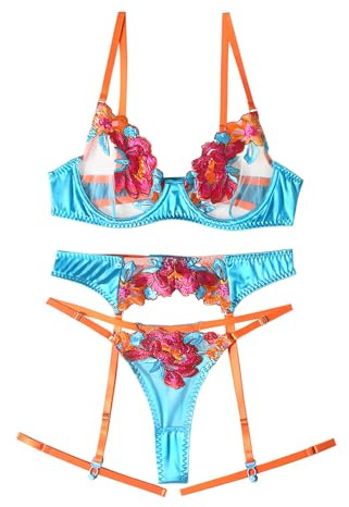 Lilosy Sexy Lingerie Set 3 Piece Women Outfit Bra and Panty Flower Blue M