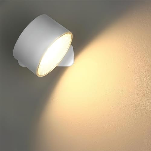 Miawtro LED Indoor Wall Lamp, Rechargeable Wall Lights Indoor with Touch & Remote Control, 360° Rotation Dimmable Stick on Wall Lights, Battery Wall Lights Indoor for Living Room, Bedroom (White)