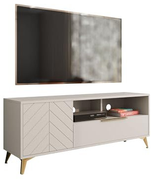 Mirjan24 TV-Lowboard Xylix 1D1SZ mit Tür und Schublade, 2 Ablagefächer, geriffelte Front, goldene Griffe und Füße, Fernsehschrank, Fernsehtisch, TV Schrank TV Bank (Sandbeige)