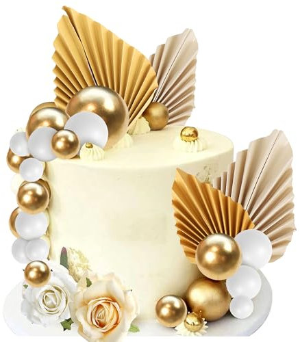 Rsstarxi 34 Pack Champagne Rose Cake Topper Palm Leaves Gold Mini Balls Artificial Flower Cake Pick for Bohemian Boho Wedding Bithday Valentine's Day Party DIY Cake Decorations Supplies