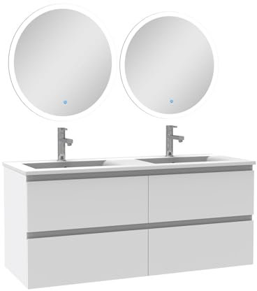 AICA Ensemble Meubles Salle de Bain 120cm Double Vasque + Miroir Lumineux Rond Blanc