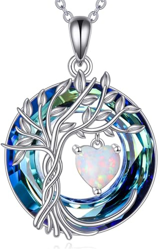 POPLYKE Collar con colgante de árbol de la vida para mujer, plata de ley 925 con piedra natal con cristal, joyería de aniversario, cumpleaños, para esposa y hermana
