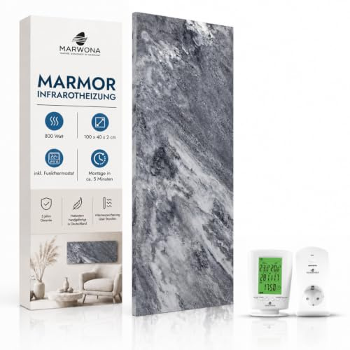Marwona Naturstein Infrarotheizung 800 Watt - Massive Wandheizung aus echtem Marmor - Elektroheizung mit Digitalthermostat, lautlos, 100x40 cm (Shadow Grey 800 Watt, Inkl. Funkthermostat)