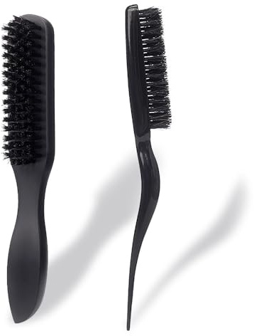 Bmeigo 2PCS Slick Back Hair Brush, Boar Bristle Hairbrush Rat Tail Teasing Brush Smoothing Hair Beard Comb Set Combing Brushes for Men and Women Styling Thick Fine Short Long Curly Straight(Black)