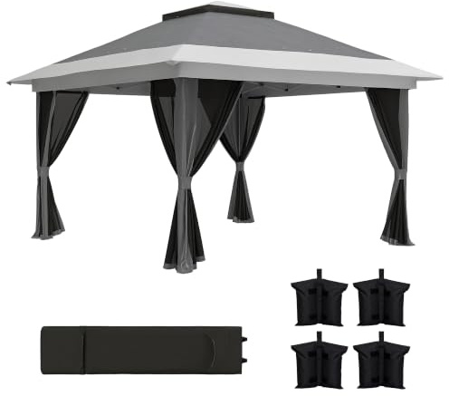 Outsunny Carpa Plegable 3,6x3,6 m Anti-UV Altura Ajustable Gris Oscuro | Cenador Plegable, 4 Paredes Laterales de Malla, Bolsa de Arena, Bolsa de Transporte, Gazebo para Camping, Fiestas