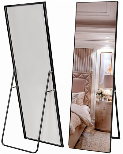 Marctani Espejo de Pie Cuerpo Entero - Espejo Grande y Largo Esquinas Cuadradas - con Soporte Trasero - Montaje Pared y Apoyado - Marco de Metal para Dormitorio, Baño o Salon (Negro 140x40)