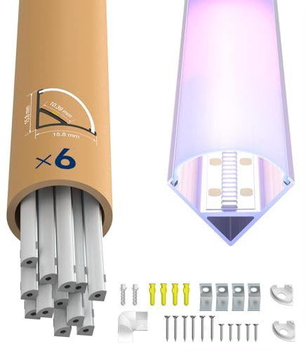 LASLUX LED Eckprofil 2m × 6 – V-Form Aluprofil Profile 45 Grad mit Diffusor, Endkappen & Clips – LED Kanäle Leiste Diffusor Schiene für Streifen mit maximal 10.5 mm Breite
