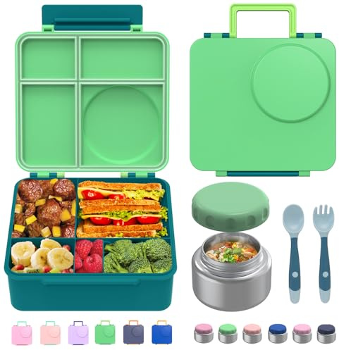 JoyYum Bento Box for Kids - Leak-Proof Bento Lunch Box with Insulated Thermos Food Jar - 4 Compartments, 1 Removable Divider, 1Spoon, 1 Fork - Dishwasher Safe, BPA-Free (Green)