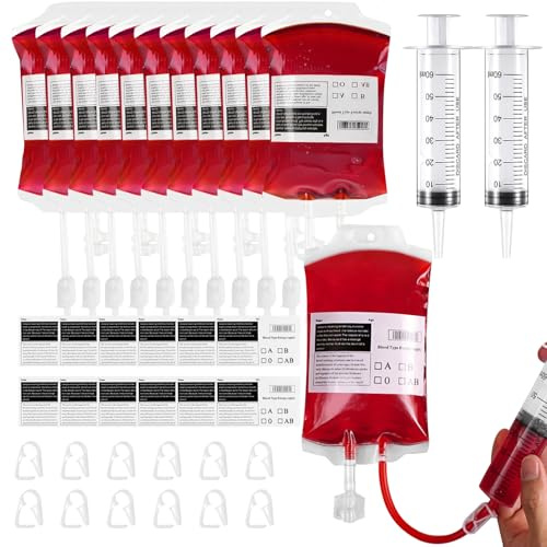 Jremreo 12 Pack Halloween Blood Bag Drink Pouches with Syringes – 355ml Refillable Vampire Blood Drink Containers for Party, Nurse Cosplay, Horror Decor, Halloween Bar Drinks