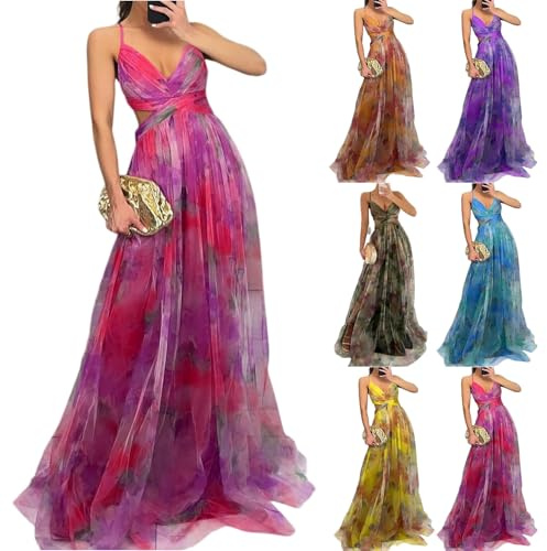 uxxnjfg Robe De Cérémonie pour Femme Ronde Boheme Cocktail Maille Robe Longue Chic Et Elegant De Cérémonie Fleurie Vetement Ete sans Manches Fluide Summer Dress