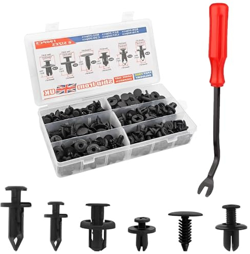 190 Pcs Grapas Coche, Juego de Remaches de Plástico Negro para Coche Remaches Plastico Clips para Parachoques y Paneles de Carrocería Incluye 6 Tamaños Universales