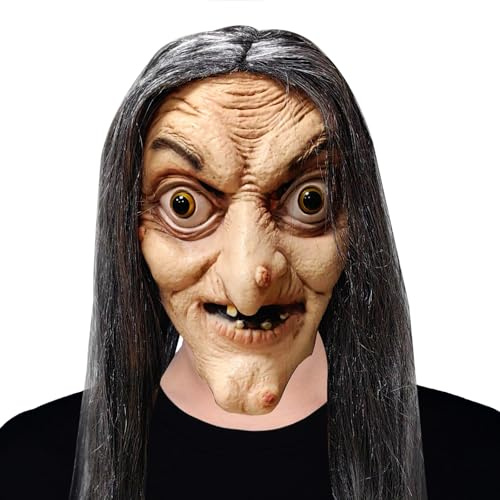 IFQKNUYL Halloween Gruselige Hexenmaske, Latex Hexenmaske mit Haaren, Horror Realistische Hexen Maske für Halloween Karneval Party Kostüm Cosplay Kostüm Dekorationen (Style1)