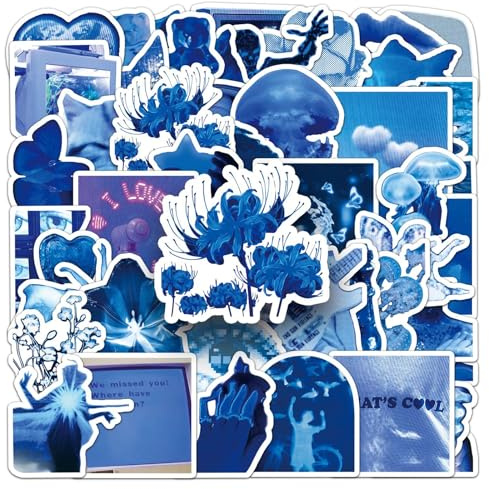 50PCS Blue Stickers for Bumper,Luggage,Bike,Helmet,Notebook,Scrapbook,Water Bottle,Laptop,Cartoon Aesthetic Waterproof Vinyl Sticker,Teens Girls Decal,Kawaii Trendy Graffiti Decals