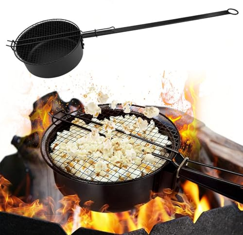 Kottwca Popcorn Pfanne Lagerfeuer, Popcorn Maker mit Langem Griff und Gitterdeckel, Outdoor Popcorn-Pfanne für Lagerfeuer, Grill und Feuerschale