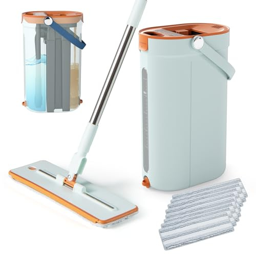 COSTWAY Balais Serpillière Seau Essoreur, Tête Plate Rotatif 360°, 8 Serpillières Microfibre Lavable Réutilisable, Manche INOX Réglable, Nettoyage Rapide (Balai-8 Serpillères-Vert)