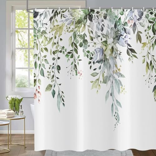 ASDCXZ Grün Eukalyptus Duschvorhang 240x180 cm, Salbeigrün Eukalyptusblätter Blumen Frühling Aquarell Pflanzen Wasserdicht Badvorhang Polyester Textil Waschbar Duschvorhänge für Badewanne mit 16 Haken