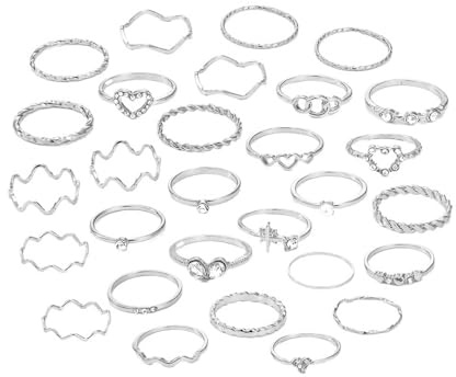 Belle Fang 28 Piece Silver Ring Sets for Women, Dainty Simple Ring Silver for Womens Girls, Stackable Rings Women Set, Mixed Sizes Finger Rings for Christmas Valentines Day Brithday Jewelry Gifts