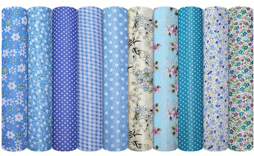 VIRETH HAUS 10er-Set Baumwollstoff, 50 x 50 cm Stoffe zum Nähen, Blau | 100% Baumwolle Stoffpakete, Nähstoff & Patchwork Stoffe zum Quilten, DIY Basteln, Handwerken, Puppenkleidung & Dekoration