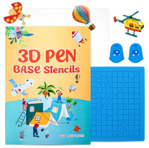 1 Stück 3D Stift Schablonen Set mit 65 Vorlagen Zeichenplatte Matte Zubehör | 1×Vorlagenbuch 65 Motive, 1×Zeichenplatte, 1×Silikonmatte 17,7cm, 2×Fingerschützer