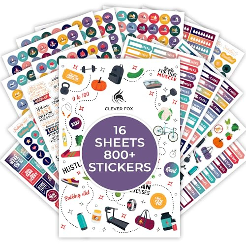 Clever Fox Lot de 16 feuilles d'autocollants pour planificateur de fitness – Autocollants mensuels, hebdomadaires et quotidiens – Lot de 841 autocollants uniques (Fitness et nutrition)