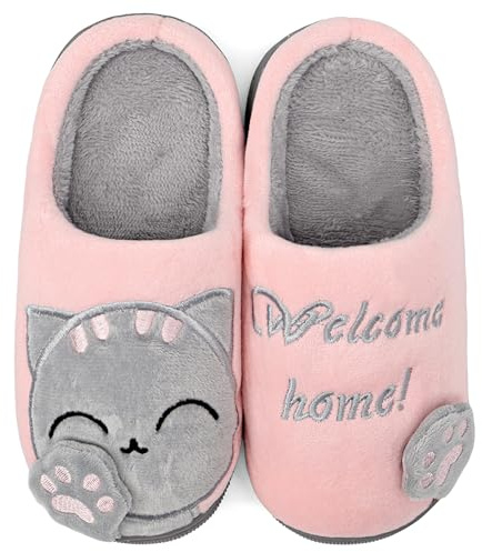 ChayChax Mignon Dessin Animé Chaussons Maison Mixte Enfant Hommes Femmes Hiver Peluche Douce Pantoufle d'intérieur Confort Chaud Coton Chaussures Maison,Rose Gris,33/34 EU=Fabricant 34/35(240)