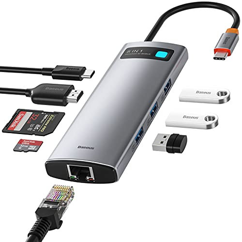 Baseus Adattatore USB C 8 in 1 Hub USB C con porta PD 100W, HDMI 4K, 3 porte USB 3.0, riproduzione scheda SD/TF, Ethernet RJ45 per MacBook Pro/Air, Surface Pro, iPad Pro e altri tablet di tipo C