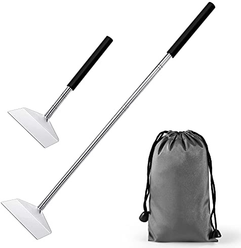 Jakeei 26.8 Extendable BBQ Ash Tool Stainless Steel Charcoal Ash Rake Ash Removal Tool Charcoal Garden Tools Grill Cleaning Tools Corner Cleaner Accessories with Storage Bag (1)