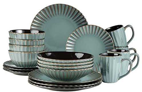 MÄSER 931964 Serie Confino Set di stoviglie per 4 persone dal look moderno vintage, servizio combinato in ceramica petrolio con accenti neri in gres porcellanato