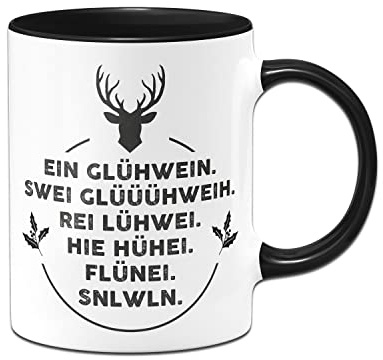 Tassenbrennerei Original - Tasse mit Spruch Ein Glühwein, swei Glüüüühwein, Rei Lühwei - Kaffeetasse lustig - Weihnachtstasse (Schwarz)