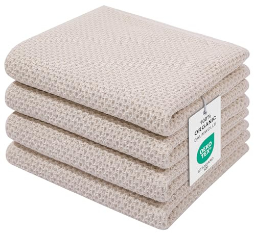 Moosfor Geschirrtücher 100% Baumwolle, 4er Set 32 x 72 cm, Weiche Geschirrhandtücher Küchenhandtücher Saugfähig Küchentücher Dicke Premium Geschirrtuch Spüllappen Putzlappen, Beige