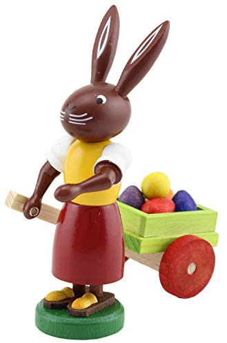 Thomas Preißler | Osterhasenfigur Osterhase Osterhäsin Hase | Höhe 10 cm | erzgebirgische Volkskunst | Osterfigur Osterdeko aus Holz | Häsin mit Eierkarre