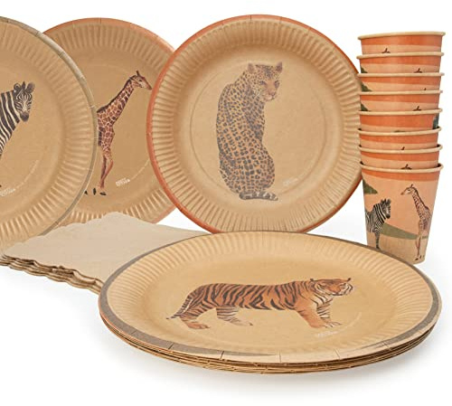 PARTY PARTY Safari Party Set 8 Gäste umweltfreundliches Kraftpapier, Partygeschirr Partybecher, Pappteller, Servietten, Party Deko Dschungel Kindergeburtstag Junge Mädchen, Geburtstag