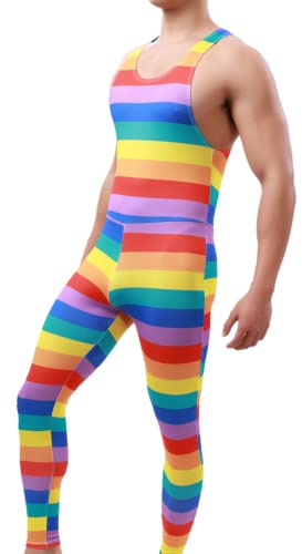 Juflam Herren Mode Gedruckt Ein Stück Bodysuit Wrestling Singlet Athletische Leotard Gym Sportswear Undershirt Vest Top (Regenbogen, L)