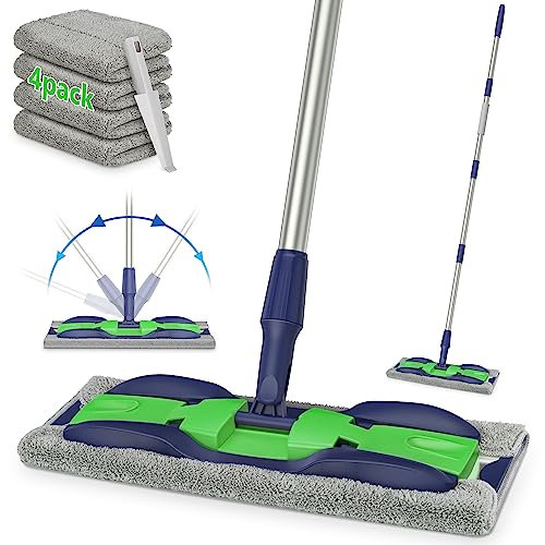 MEXERRIS Microfiber Mops for Hardwood Floor Cleaning - Floor Flat Mop with 59 Stainless Steel Handle 4 Reusable Pads and 1 Scrubber - Dry Dust Mop for Wood Laminate Tile Commercial Home Use