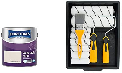 Johnstone's - Washable Paint - Champagne Crème - Matt Finish - Emulsion Paint - Highly Durable - Stain Resistant & Coral 10501 Paint Kit with Headlock and Mini Roller Frame and Hybrid Brush