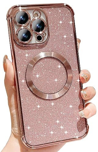Wirvyuer for iPhone 13 Pro Case Compatible with MagSafe, Cute Glitter Shockproof Magnetic Phone Case with Wireless Charging Support and Protection, Rose Gold