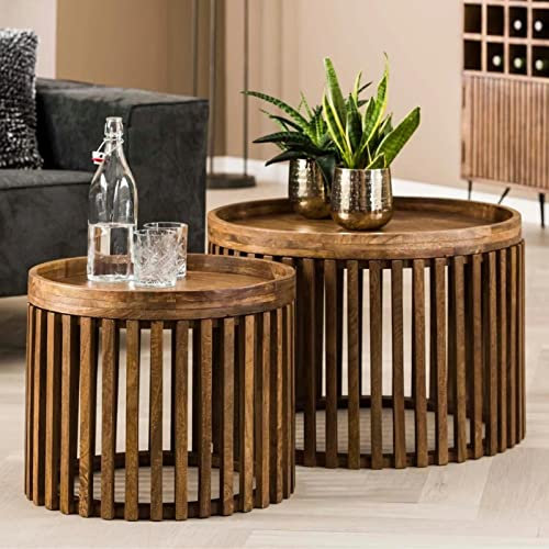 RINGO-Living Wohnzimmertisch rund als 2er Set - 65 cm Vintage Couchtisch aus Natur Holz in Braun - Sofa Tisch im Landhausstil - Massiv Holz Couch Tisch für Deko - Langlebig & Robust