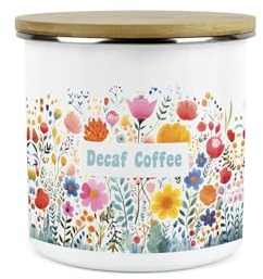 Purely Home Floral Meadow Decaf Coffee Storage Canister - Bright Floral White Metal Enamel Medium Sized Kitchen Food Storage Container