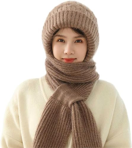 LIANGERMAO Kapuzenschal, Kapuzenschal damen, Schalmütze damen, Mützenschal damen, Mützenschal, Frauen dicke warme Ohrenschutz Mütze Schal, 2-in-1-Schal-Strickmütze (Braun)
