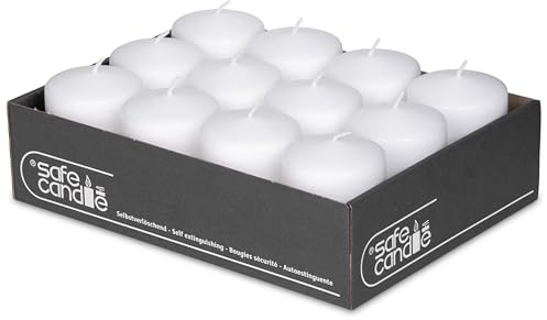 DecoLite Stumpenkerzen 27h Brenndauer, 8 x 6 cm, 12 Stück, Weiß | Made in Germany, RAL-geprüft, Safe-Candle-Abbrandstopp, tropffrei, rußfrei, ohne Duft, für Advent, Tafel & Gastronomie