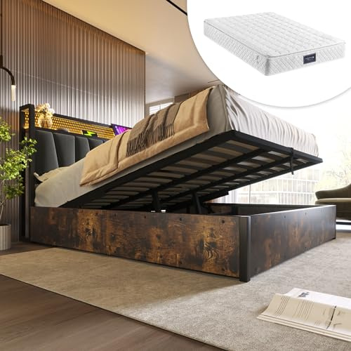 Polsterbett 140x200cm, Hydraulisch Doppelbett mit Stauraum und Lattenrost, LED Kopfteil mit USB Ladefunktion, Stauraumbett Metallbett Jugendbett Bettgestell, Leinen (Grau, Mit Matratze, 140x200cm)