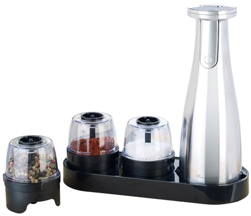 Rosenstein & Söhne Akku Salzmühle: Akku-Multi-Gewürzmühle mit 3x 150-ml-Wechselbehälter, 1.500 mAh, USB (Gewürzmühle Set, Salz & Pfeffer-Mühle 3in1, drei)