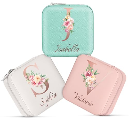 Chrifansi Caja de Joyas Personalizada Estuche de Viaje para Joyas Personalizado de Cuero Pequeños Regalos Personalizados Regalos para Damas de Honor para Mujeres Niñas-Nombre e Inicial A-Z (Estilo 5)