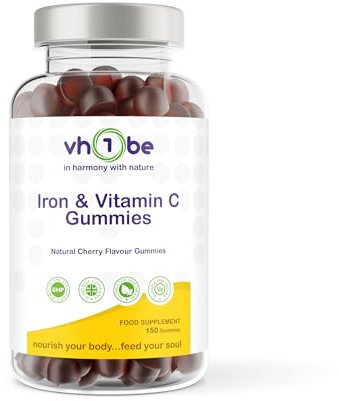 Iron Gummies with Vitamin C – 150 High Strength Iron Supplement for Teens & Adults – Vegan Immunity & Energy Supplement | Natural Cherry Flavour Vitamin Gummies by vh1be