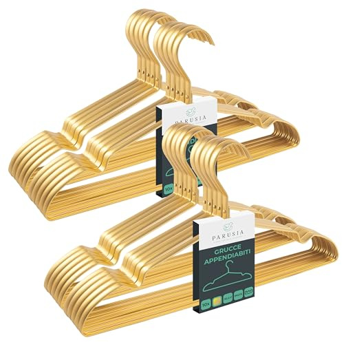 Parusia Appendiabiti Oro, 42 cm di larghezza, 1 cm di spessore, appendiabiti in metallo inossidabile, forma stabile, per riporre e organizzare gli abiti risparmiando spazio nell'armadio, porta abiti