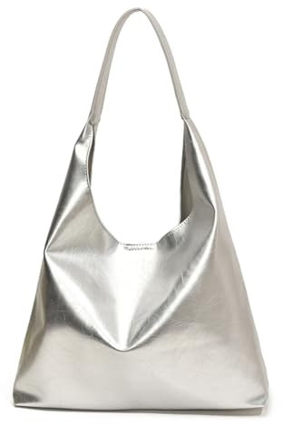 LYEAA Damen PU Leder Tote Bag Stilvolle und geräumige Hobo Umhängetasche mit Schnallenverschluss für Arbeit, Einkaufen und Reisen, silber, 230.00x130.00x80.00mm