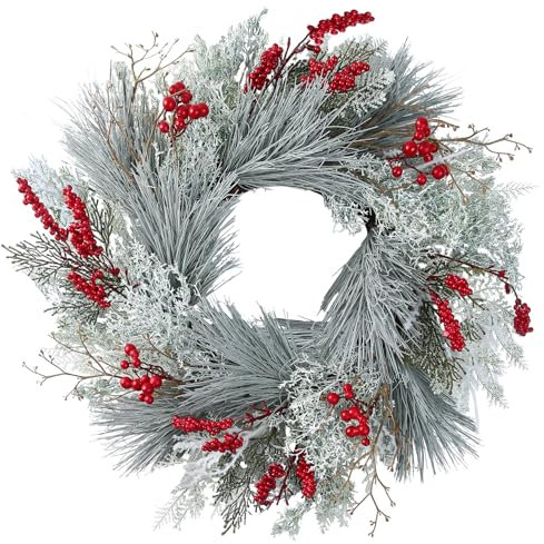 BINFEN 50,8 cm Winterkränze für Haustür, neblige weiße Tannennadeln, rote Beeren, Winter-Weihnachtskranz, Outdoor-Weihnachtsdekoration, Türriff für Bauernhaus, Veranda, Wand, Fenster