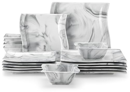 MALACASA 18-Piece Marble Grey Square Dinner Sets for 6 People, Porcelain Plates and Bowls Set Modern Crockery Set Ceramic Dinnerware Set, Microwave Dishwasher Safe, Series Flora